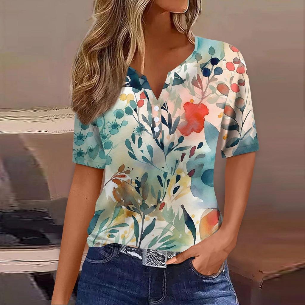 Women's T Shirt Print Button Short Sleeve Daily Weekend Fashion Basic V-Neck Regular Top