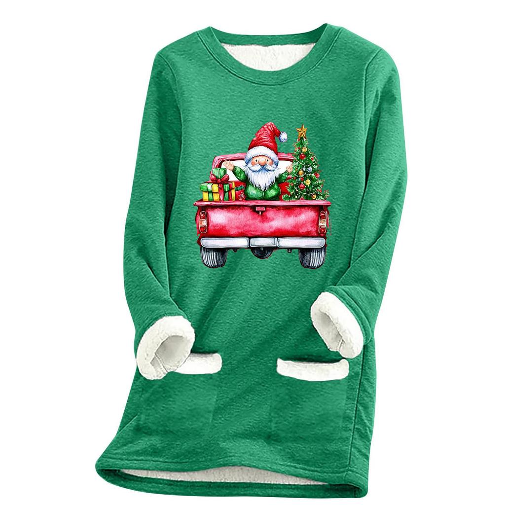 Ladies' Loose And Comfortable Round Neck Christmas Print Thick With Pockets Long Sleeved Top