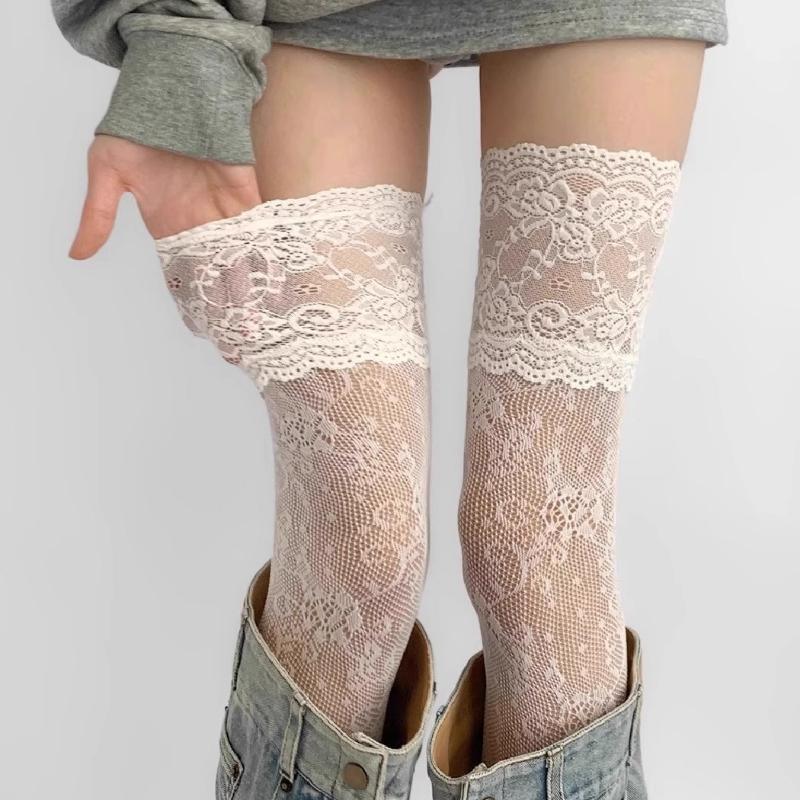 Chaussettes Longues Bordées de Dentelle Féminines Sexy Dentelle Transparente Chaussettes au-dessus du genou pour Femmes