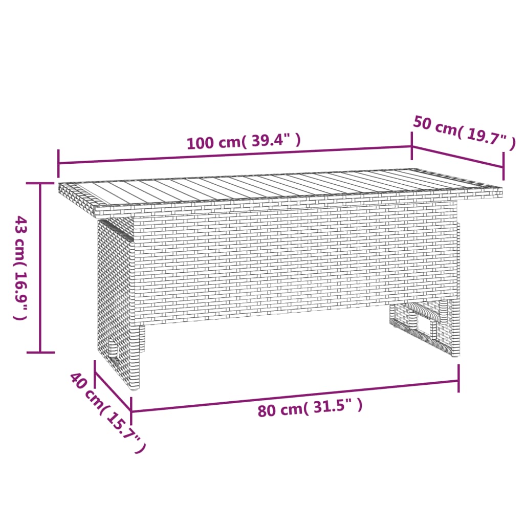 Garden Table Black 100 x 50 x 43 63 cm Acacia Wood & Poly Rattan