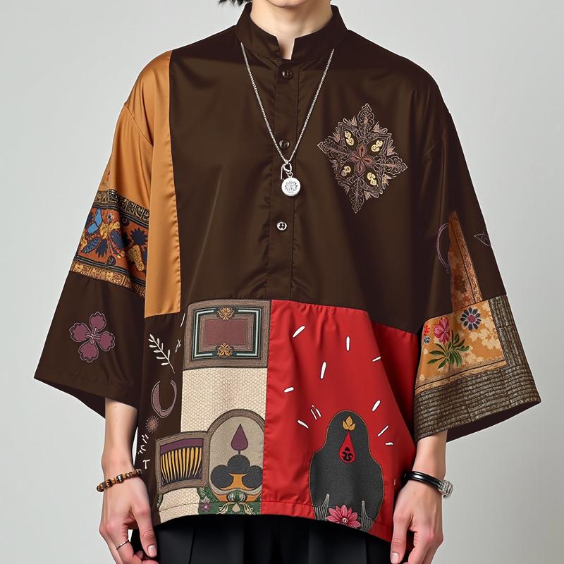 

INCERUN Men Vintage Stand Neck 3/4 Sleeve Print Casual Patchwork T-shirts Tops M