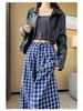 Women's Blue Retro Plaid Double-Breasted Wide-Leg Pants - Zhao Lusi Spring & Autumn Style