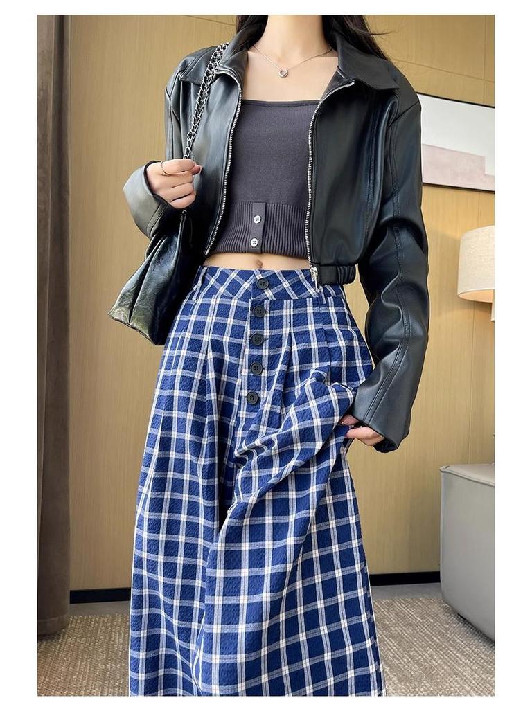 Women's Blue Retro Plaid Double-Breasted Wide-Leg Pants - Zhao Lusi Spring & Autumn Style