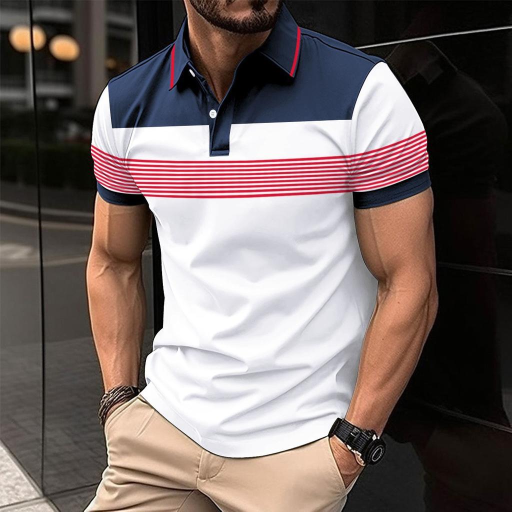 2024 Oversized Striped Polo T Shirt Men Summer Casual Lapel Button Blouse Fashion Contrasting Colors Patchwork Short Sleeve Polo Shirts
