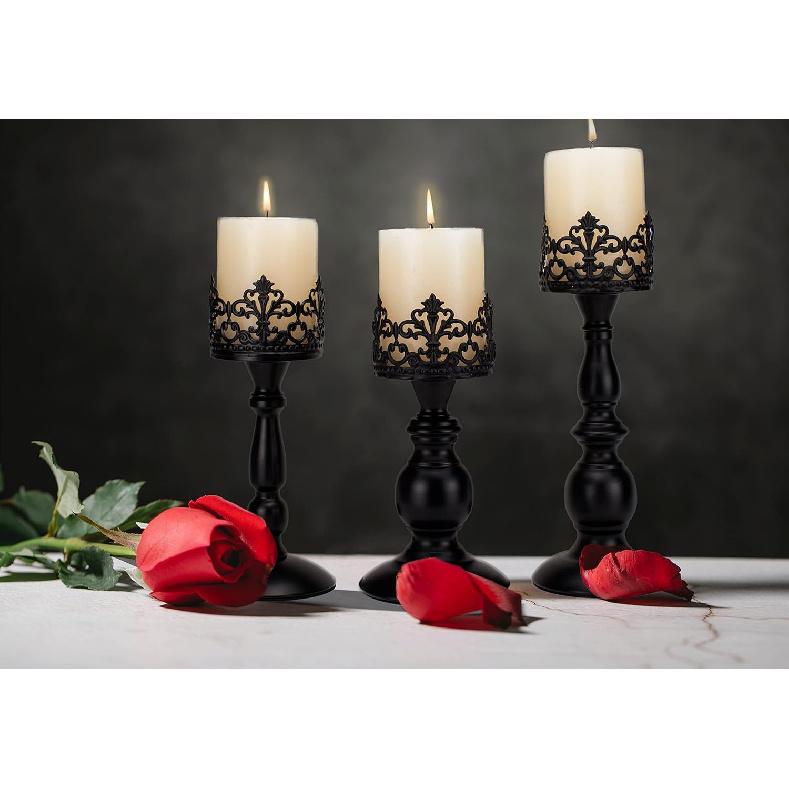 Vintage Pillar Candle Holders for Table Centerpiece Set of 3-11'' 9'' 8'' - Matte Black Metal Candle Stands Decorative - Candle Centerpiece for Table
