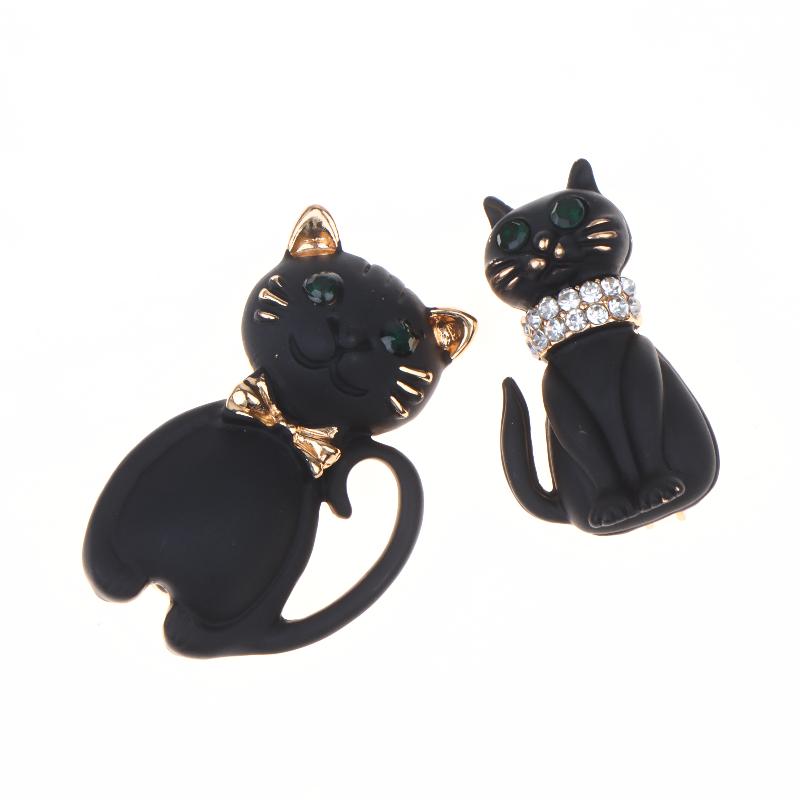 Vintage Lady Oil Dripping Black Cat Brooch Alloy Diamond Inlaid Cartoon Small Brooch  Accessory  Pin