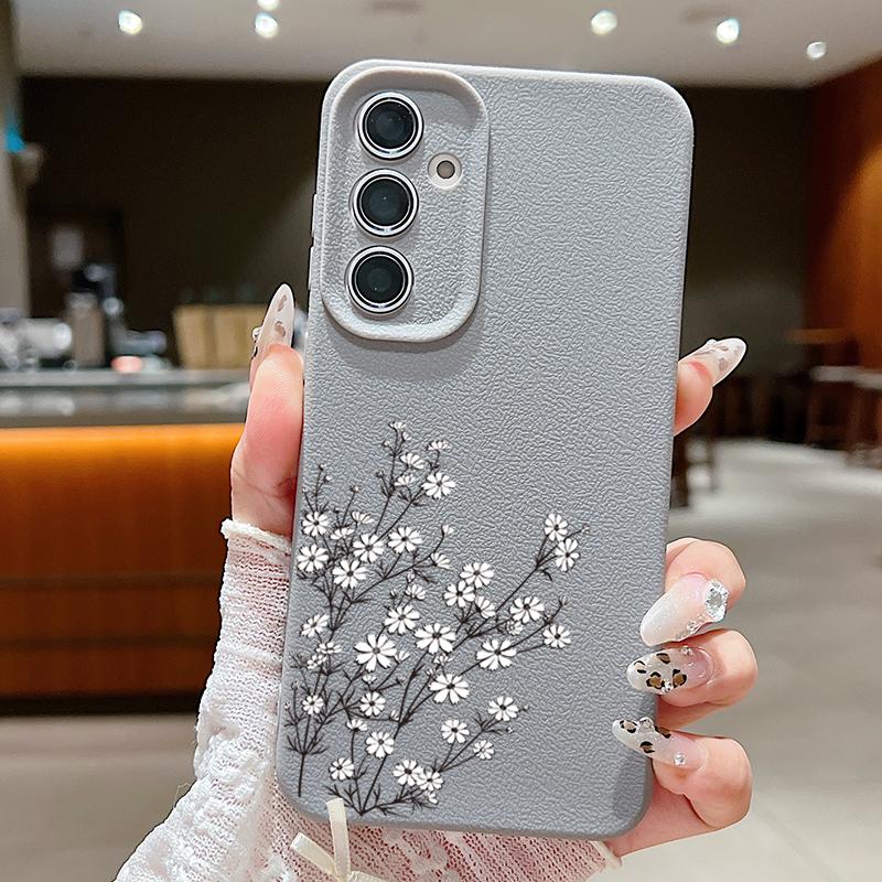 Floral Print TPU Leather Texture Slim Phone Case For Samsung S25 Ultra S24 FE S23 S22 A56 A36 A16 A15 A55 A35 Matte Shockproof Soft Bumper Cover