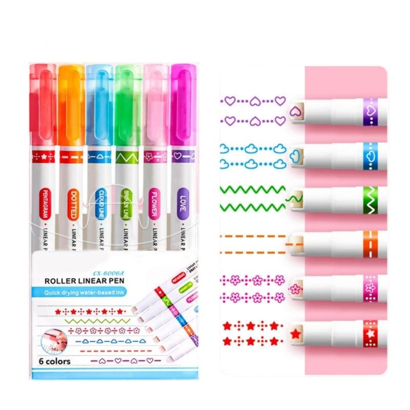 

6PCS Decorative Curves Pattern Pens For Scrapbooking Calligraphy Multicolor Highlighters Comfortable Grip for Study
