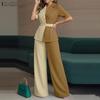 ZANZEA Women Patchwork Short Sleeve Blouse and Long Pants Casual Two Piece Suit Sets