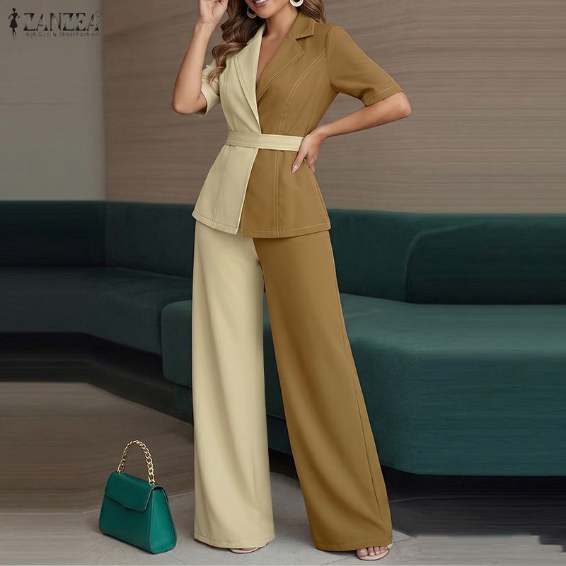 ZANZEA Women Patchwork Short Sleeve Blouse and Long Pants Casual Two Piece Suit Sets