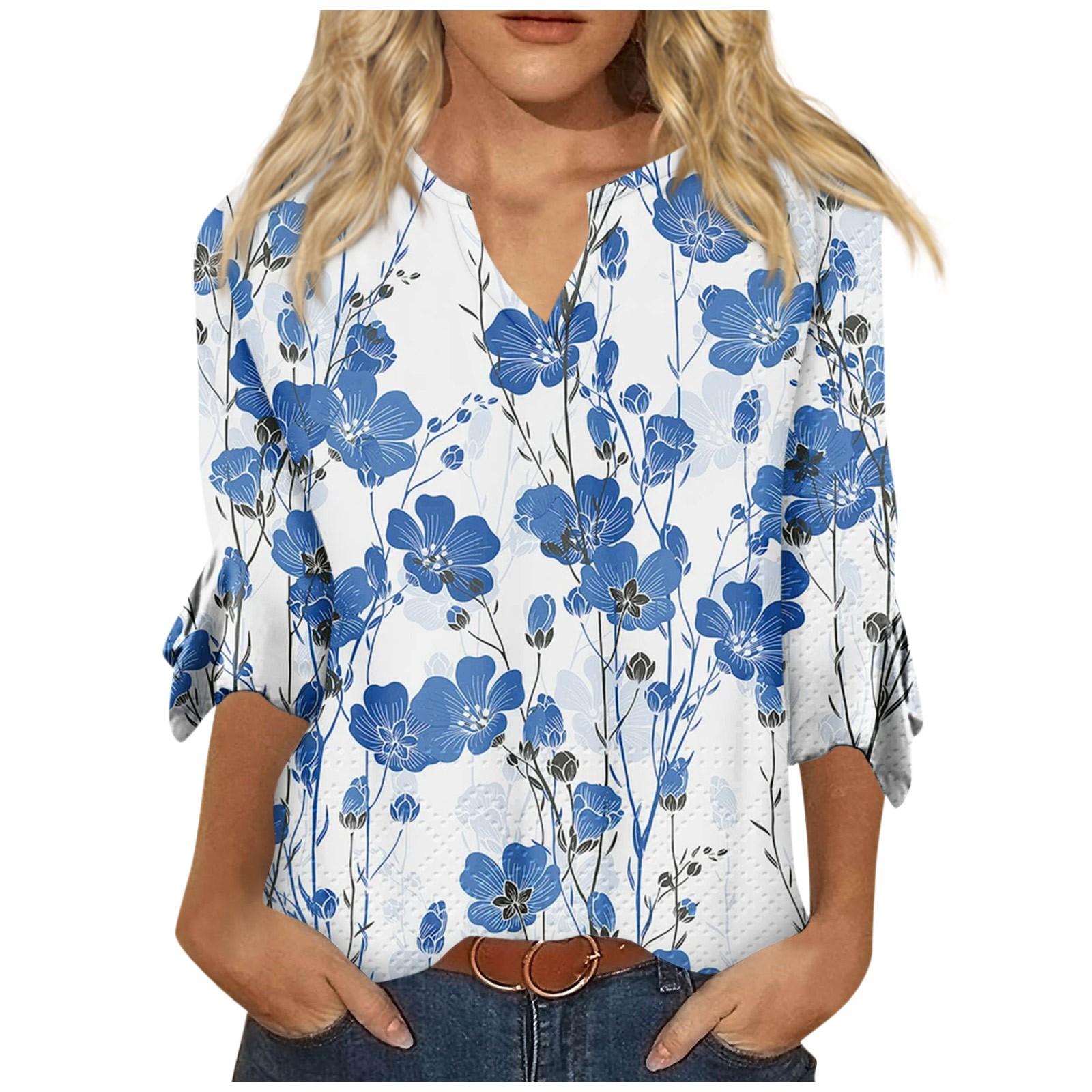 

Women s Top Loose Casual V-neck Printed Blouses Bell 3/4 Sleeve T-shirt M