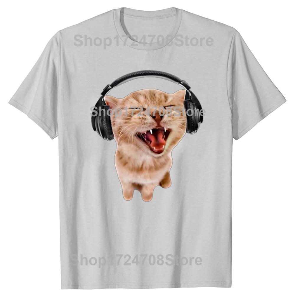 Funny Silly Cat With Headphones Graphic T-shirts Men Women's Fashion Casual Tshirt 100% Cotton Loose Oversized T Shirt