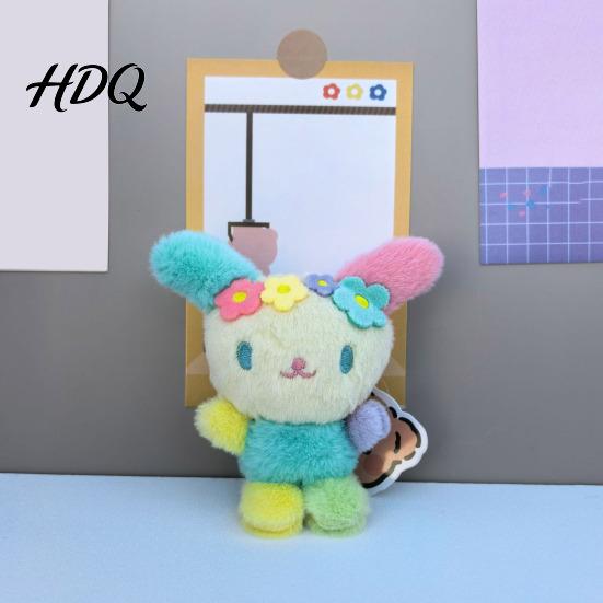 Decorative Bag Charm for Girls Cute Fluffy Rabbit Keychain Plush Card Holder Pendant with Animal Doll Flower Embroidery Kawaii Keys Backpack