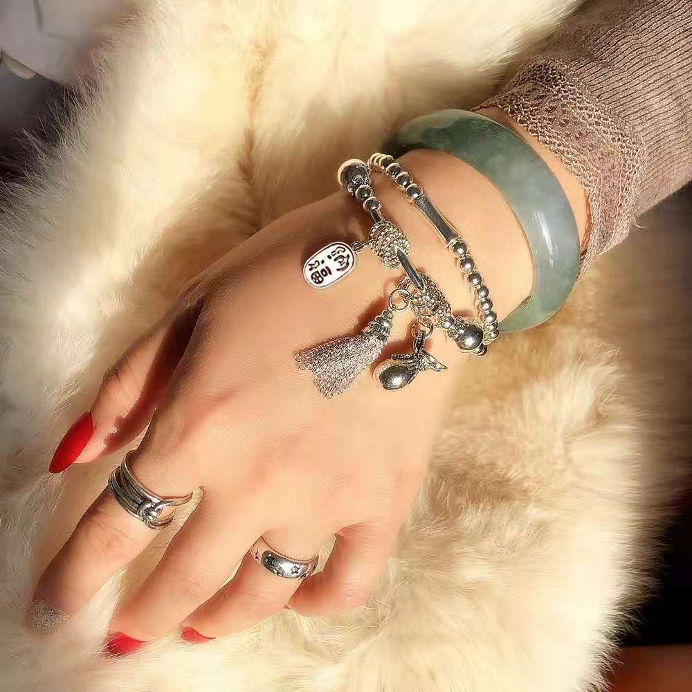 Trendy Multi-Layer Silver Beaded Bracelet with Cat Charm, Ethnic Style Thai Silver Plated Bracelet for Women Gift