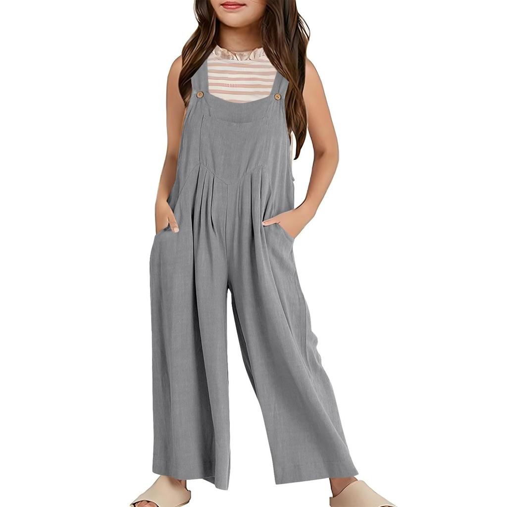 Summer Kids Solid Color Casual Strap Romper Pocket Girls Loose Romper