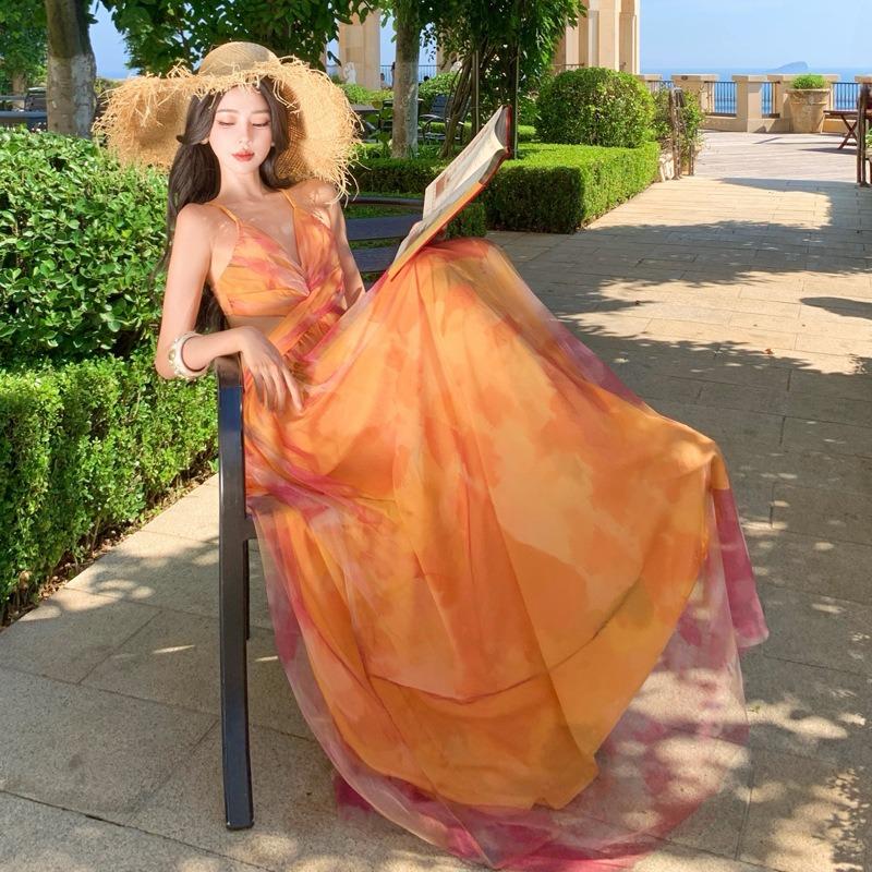 Island Vacation Dress Orange Floral Suspender Backless Thin Dress Seaside Beach Dress Women