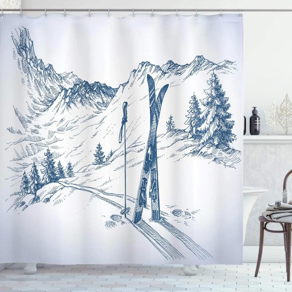 Winter Forest Shower Curtains Snow-covered Pine Alpine Peaks Idyllic Early Morning Scenery Seasonal Christmas Elk Bathroom Decor
