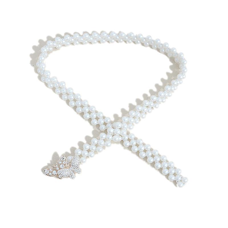 Meier Women's Belt Elastic Pearl Rhinestone Butterfly Slim Waist Cincher