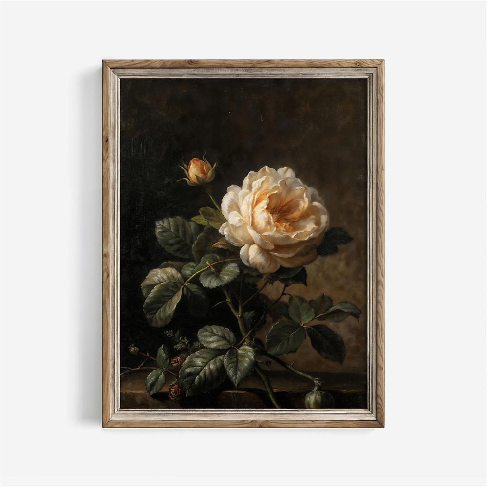 Vintage Rose Print Antique Flower Still Life Oil Painting Art Poster Pink Rose Wall Art Neutral Moody Floral Canvas Painting Art 21X30CMNo Framed