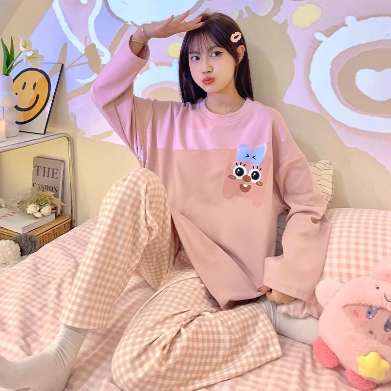 Pyjama Printemps Hiver, Femme, Version Coréenne, Manches Longues, Ensemble Homewear, Ample, Grande Taille, Ensemble Deux Pièces, Peut Être Porté Dehors