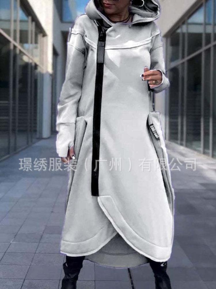 Women's Purple Hooded Long Coat, Zip Front, Side Pockets, Oversized Fit