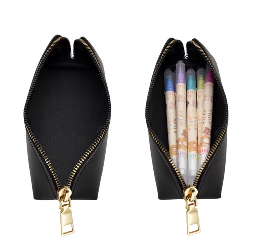 PrimeBlis Slim Pencil Large PU for Students and Adults Case, Lightweight, Anti-Loss, Capacity, Leather, (Black, Medium)