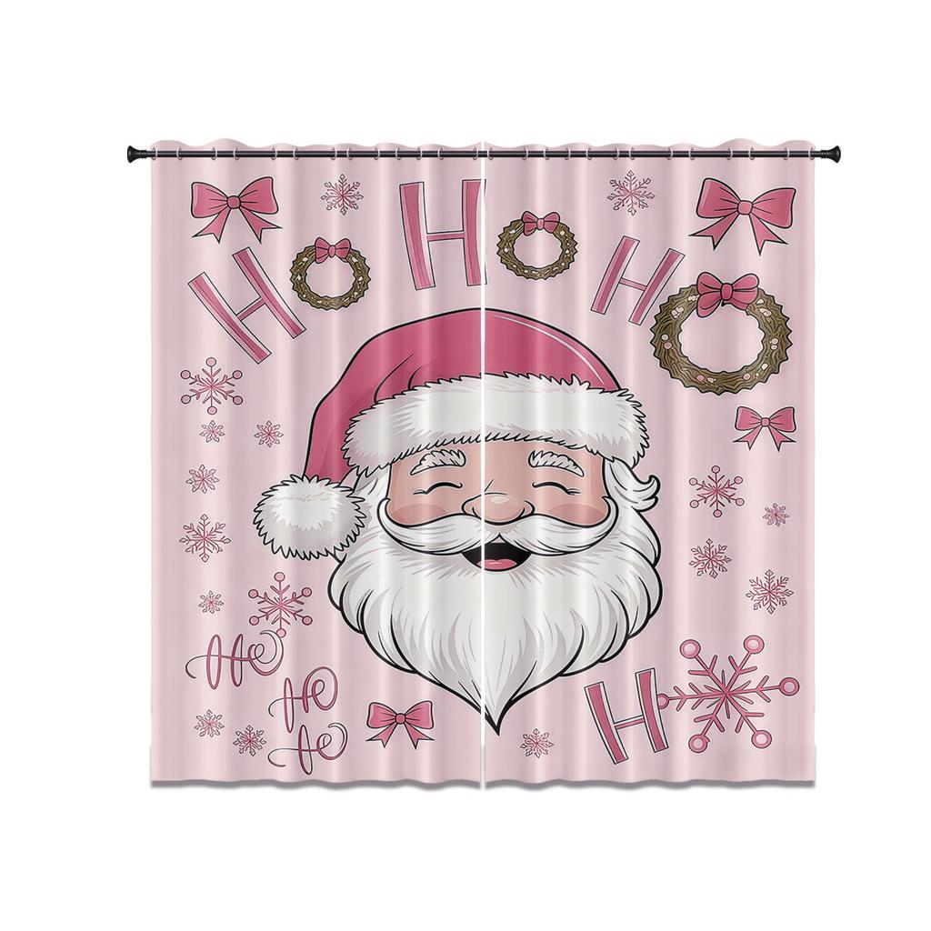 Set Of 2 Pink Santa Claus Printed Curtains Thermal Insulation Multiple Size Living Room Holiday Decoration Light Blocking Made Polyester Machine