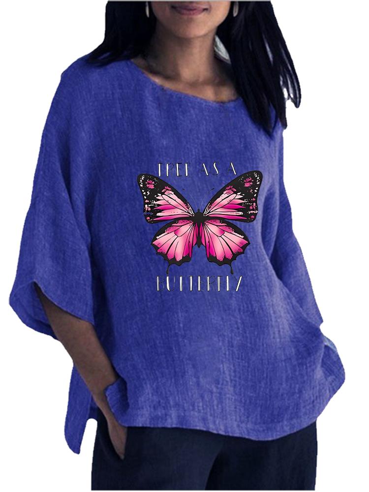 Women Fashion O Neck Print Shirt Spring&summer 3/4 Long Sleeved Top Ladies Cotton Linen Blouse