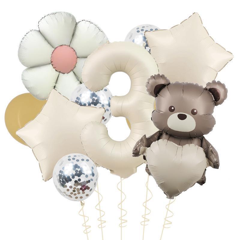 Matte Love Bear Colored Daisies 40 Inch Caramel Cream Aluminum Film Sequins Latex Balloon Birthday Set
