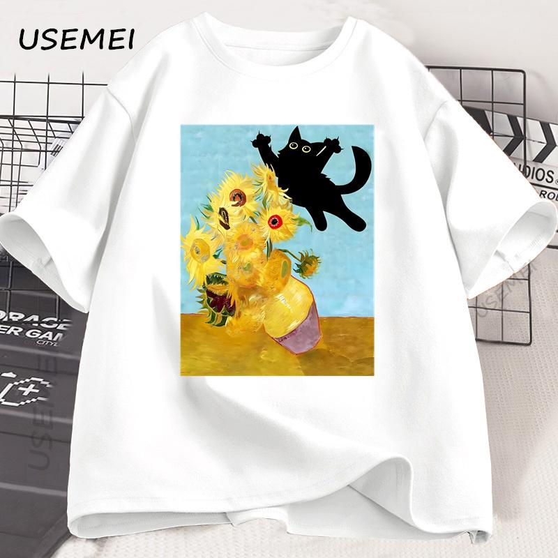 Vincent Van Gogh Cat T-shirt for Men Women Sunflowers Print Tshirt Funny Cute Cat Kitten T Shirt Cotton Short Sleeve Clothes S разноцветный