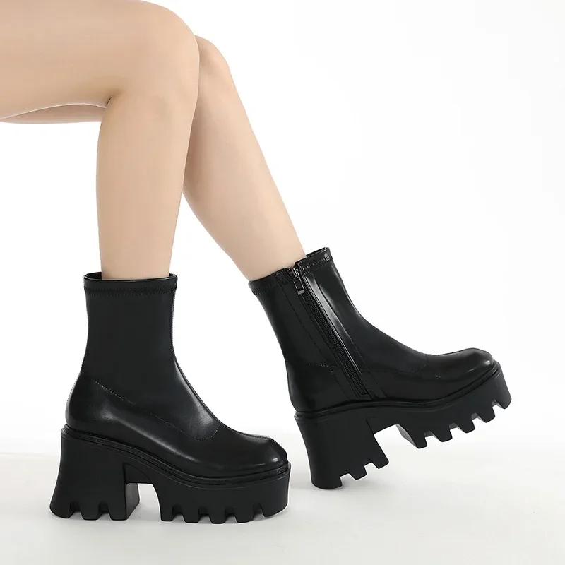 Fashion 9cm Female Platform Wedges Boots Black Autumn Ankle Boots For Women High Heels Ladies Leather Shoes Back Zipper High Quality