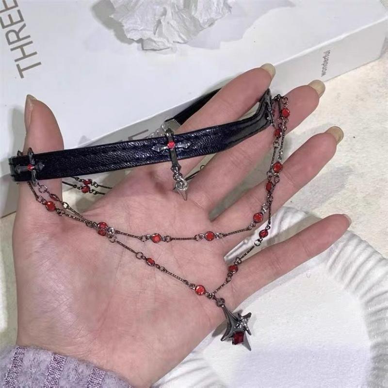 Punk Dark Black Cross Stars Pendant Necklace for Women Men Hiphop Cool Red Crystal Leather Choker Necklace Party Jewelry Gifts