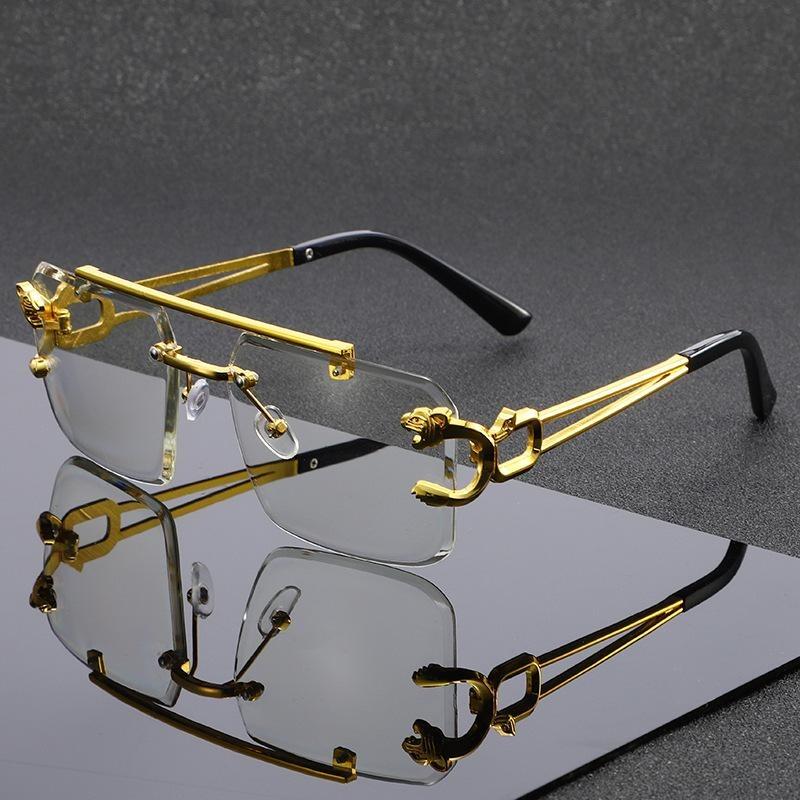 New European and American personalized box frameless double beam leopard head sunglasses fashionable driving sunscreen sunshade glasses