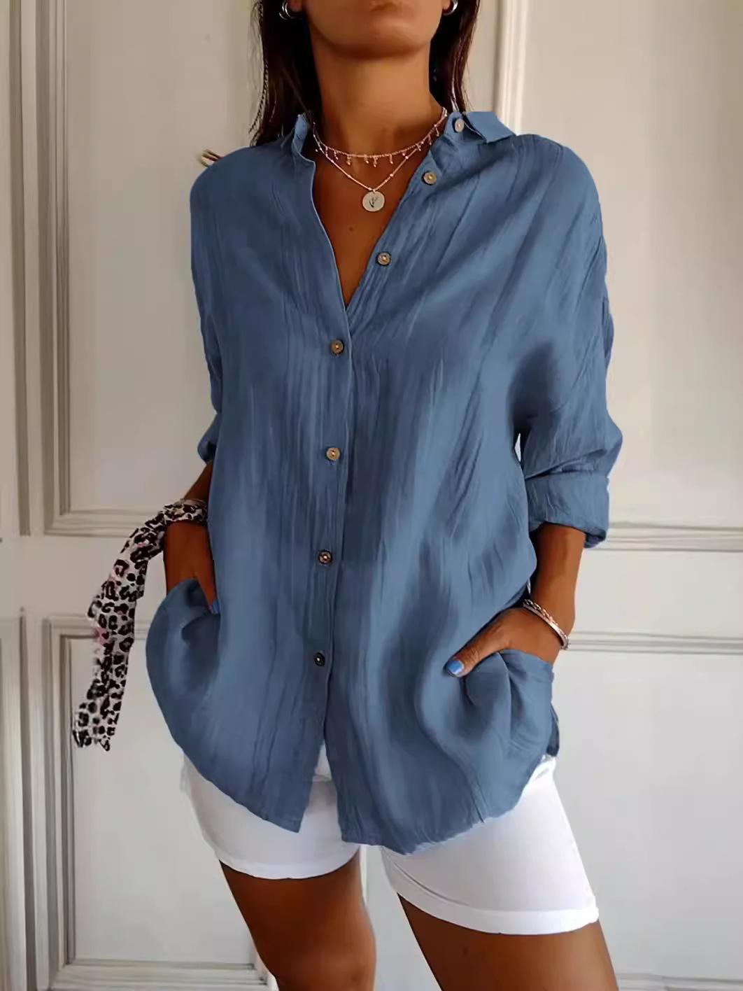 

2024 Bestseller Women s Pleated Turn-Down Collar Shirt with Roll-Up Sleeves 3XL