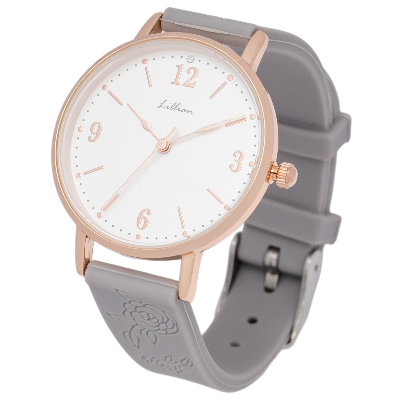 

Analog Watch with Silicone Flower Embossed Rose Sile Gray [Fieldwork] Women s Strap, Pattern, JN043-3 серый