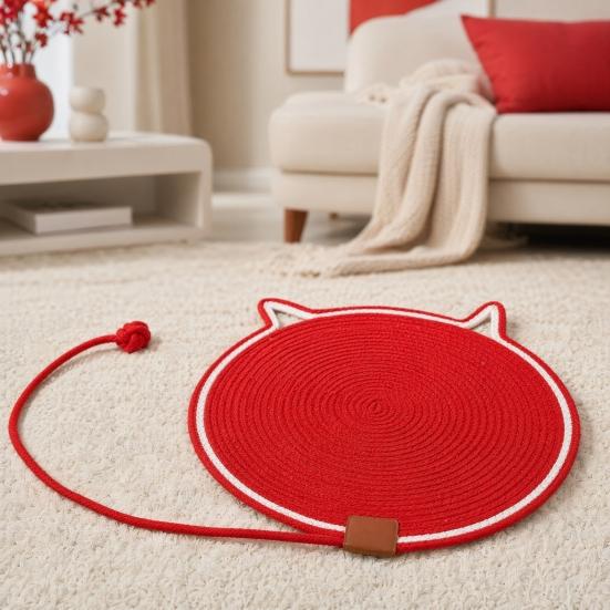 Cat Scratching Pad, Woven Cotton Rope Cat Scratcher with Bait Ball And Cute Ear Design, Indoor Cat Scratcher Mat for Furniture