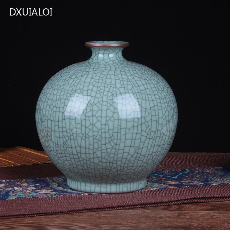 Jingdezhen Antique Official Kiln Ice Cracked Pomegranate Bottle Chinese Home Decoration Blue Glazed Open Piece Ceramic Vase