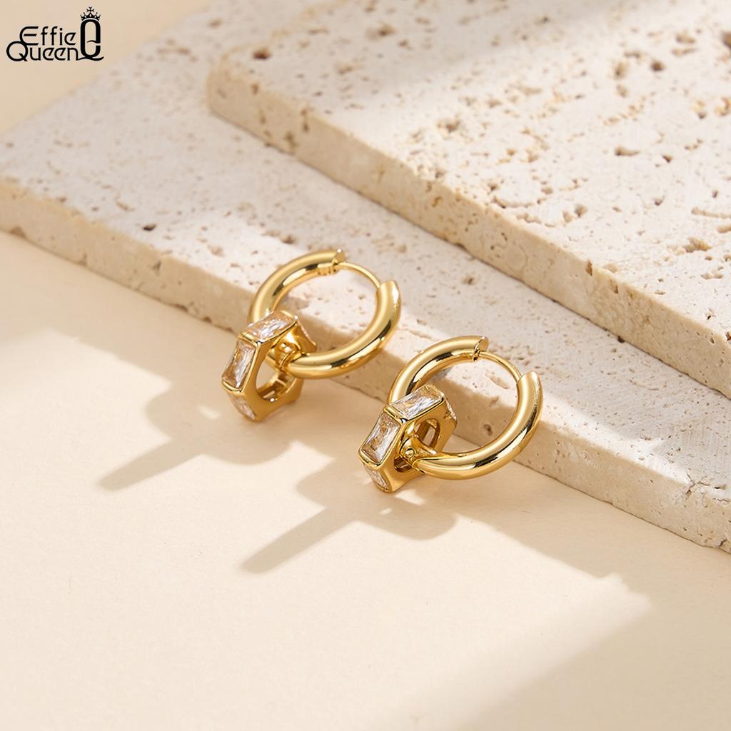 Effie Queen Edelstahl 18 Karat Gold Sechseck Stil Zirkonia Hängeohrringe Einfacher Schmuck für Damen Bankett Party Geburtstag STKE20