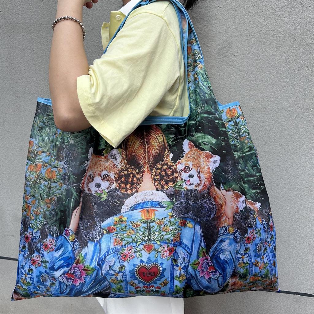 Faltbare quadratische Umhängetasche mit Ölgemälde-Print - Mehrfarbige Einkaufstasche