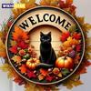 Autumn Round Welcome Sign, Black Cat & Fall Harvest Elements (Pumpkins, Maple Leaves), Wooden Hanging Wall Decor for Home Porch
