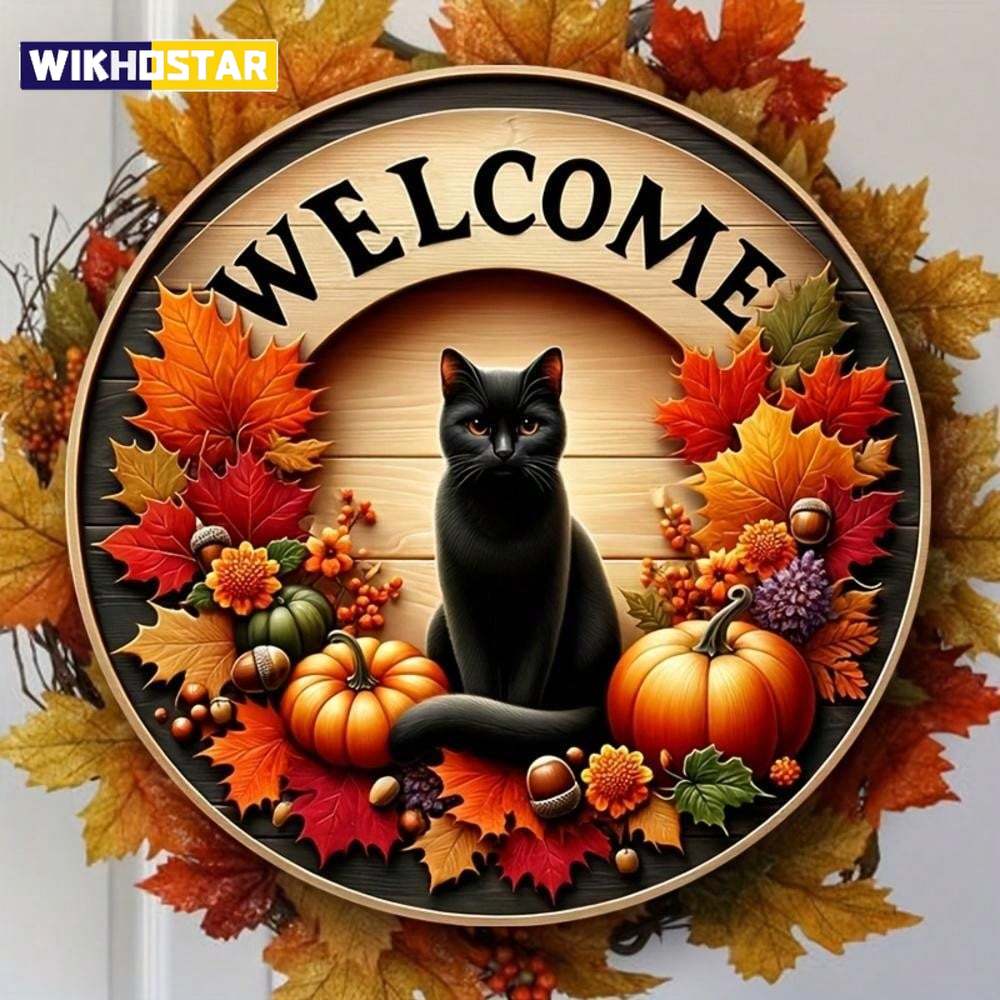 Autumn Round Welcome Sign, Black Cat & Fall Harvest Elements (Pumpkins, Maple Leaves), Wooden Hanging Wall Decor for Home Porch