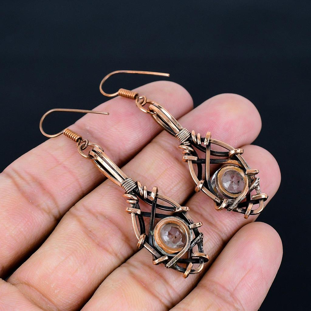 White Topaz 999 Copper Wire Wrapper Earrings, Handmade Gemstone Jewelry Earrings For Memorial Day