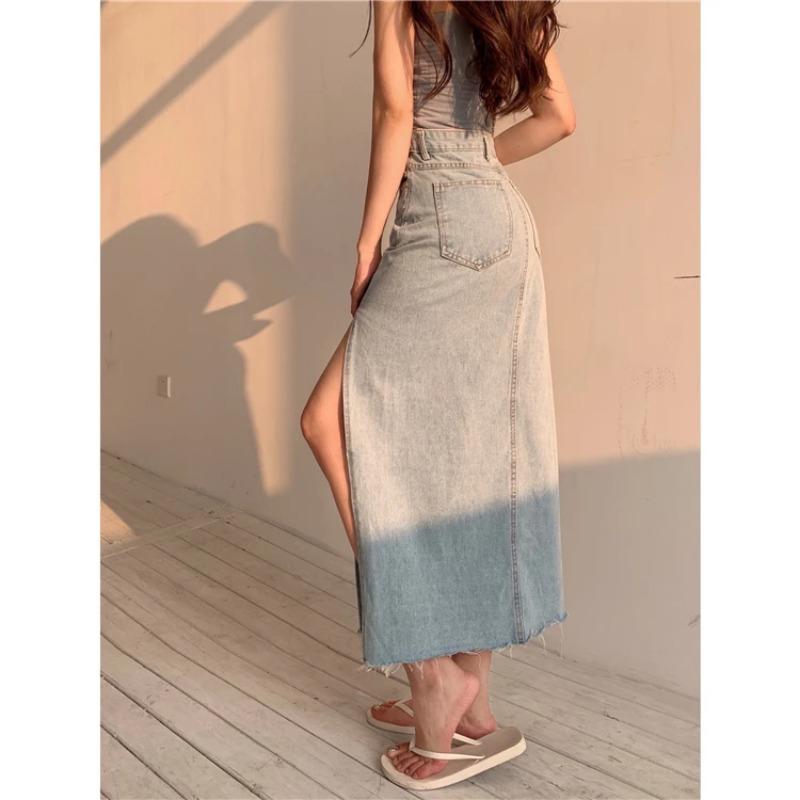 High Waist Long Denim Skirt Women New Pure Desire Vintage Elegant Blue Sexy Split Fork Bodycon Fashion Skirt Summer 2024 Lady
