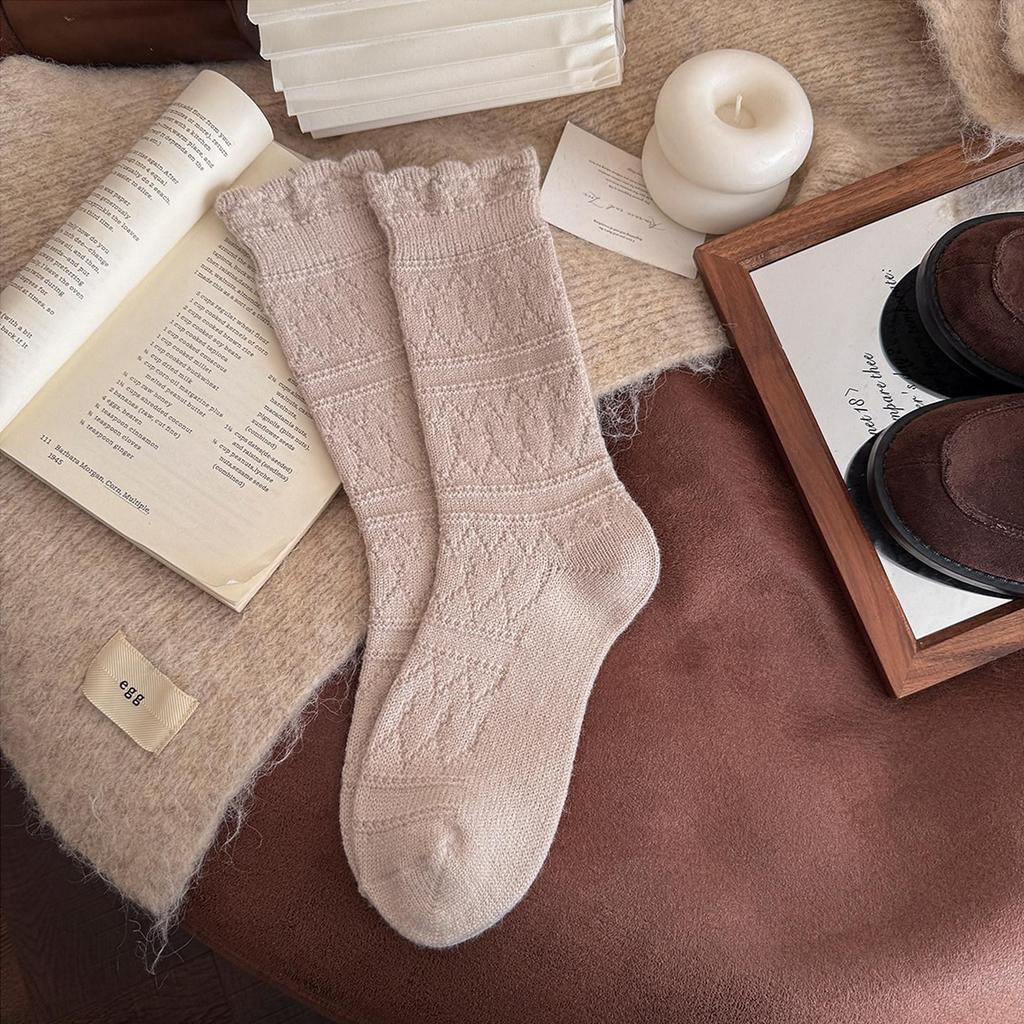 Women's White Wool Mid-Calf Lace Socks, Japanese Style Autumn/Winter Thickened Knit Boot Socks