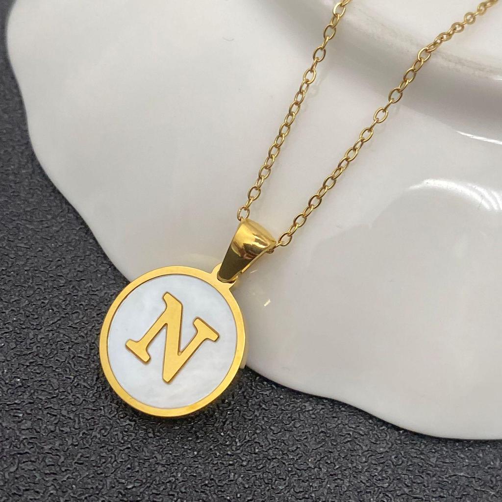 White Stainless Steel Small Round Tag Necklace - 26 Letters, Women's Cold Style Fashion, Versatile Light Luxury, 2025 Collection.