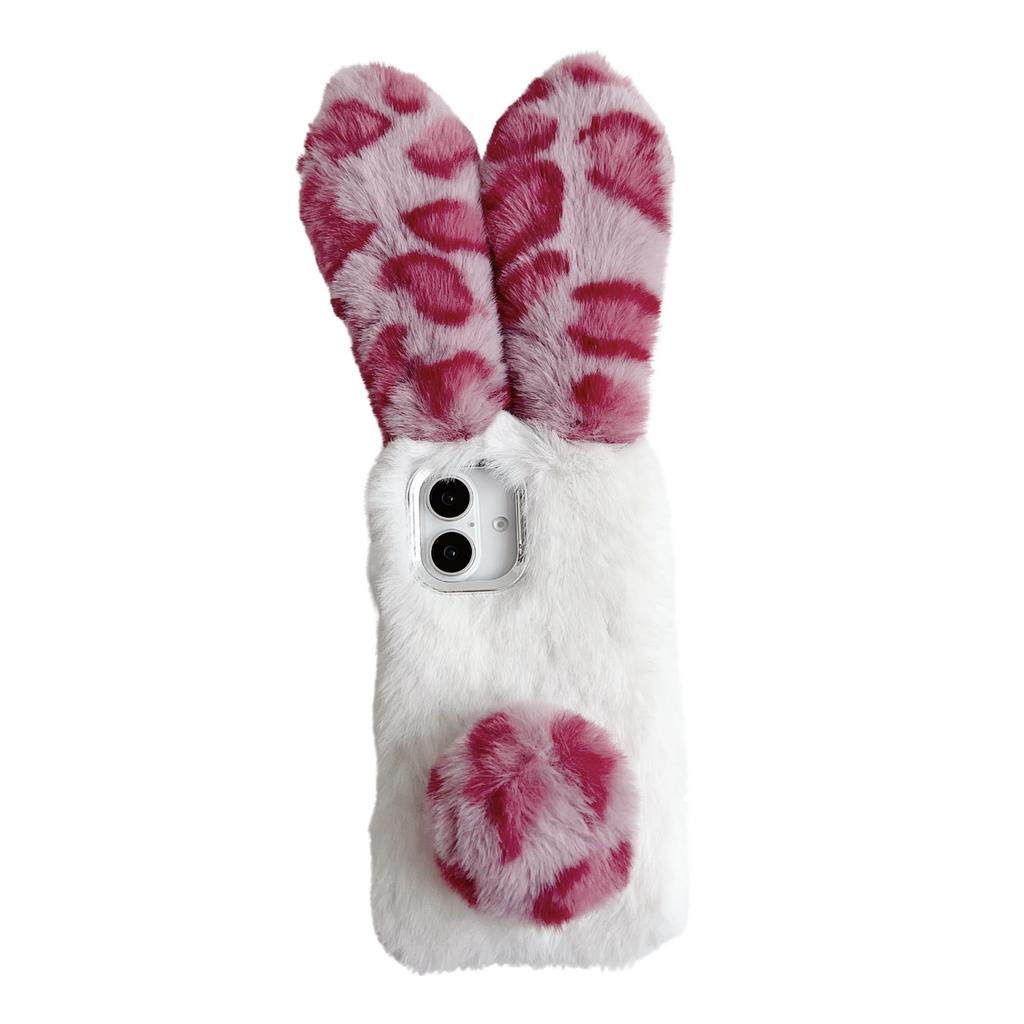 For iPhone 16 Case Fluffy Leopard Splicing Bunny Plush TPU Phone Cover