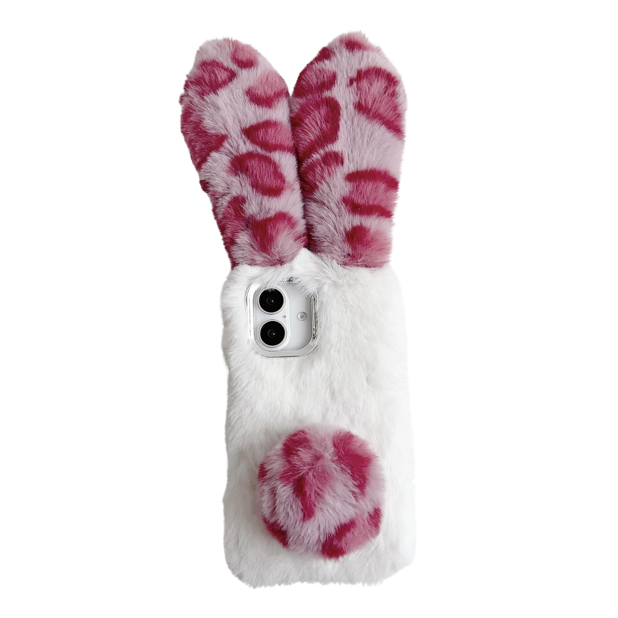 

For iPhone 16 Case Fluffy Leopard Splicing Bunny Plush TPU Phone Cover Pink