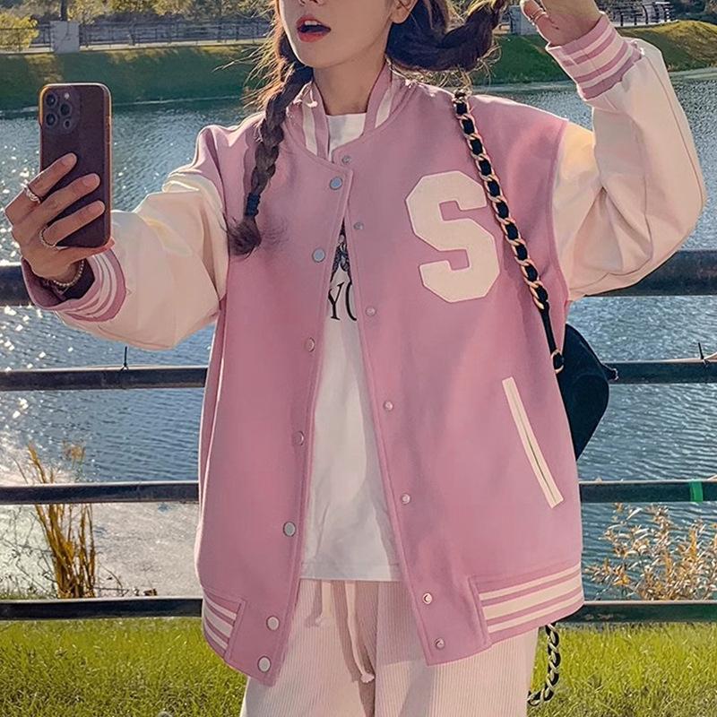 

Осенняя женская бейсбольная куртка свободного покроя с яркими цветами XL розовый