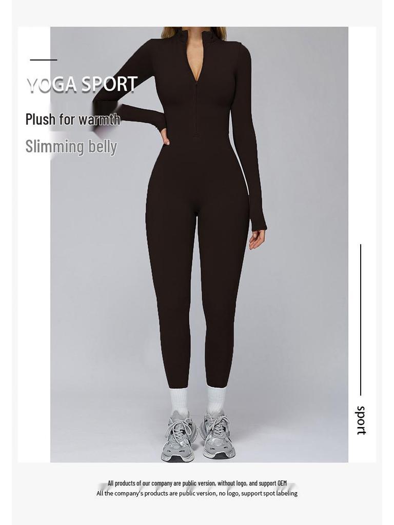 Plush Zipper Jumpsuit - Warm, Slimming, Long Sleeve Sportswear for Winter & Autumn