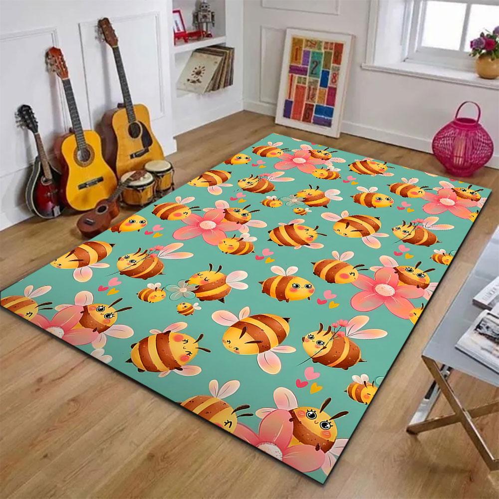 Cute Bees and Flowers Pattern Patterned carpet, suitable as a non slip play mat for the living room and bedroom sofa